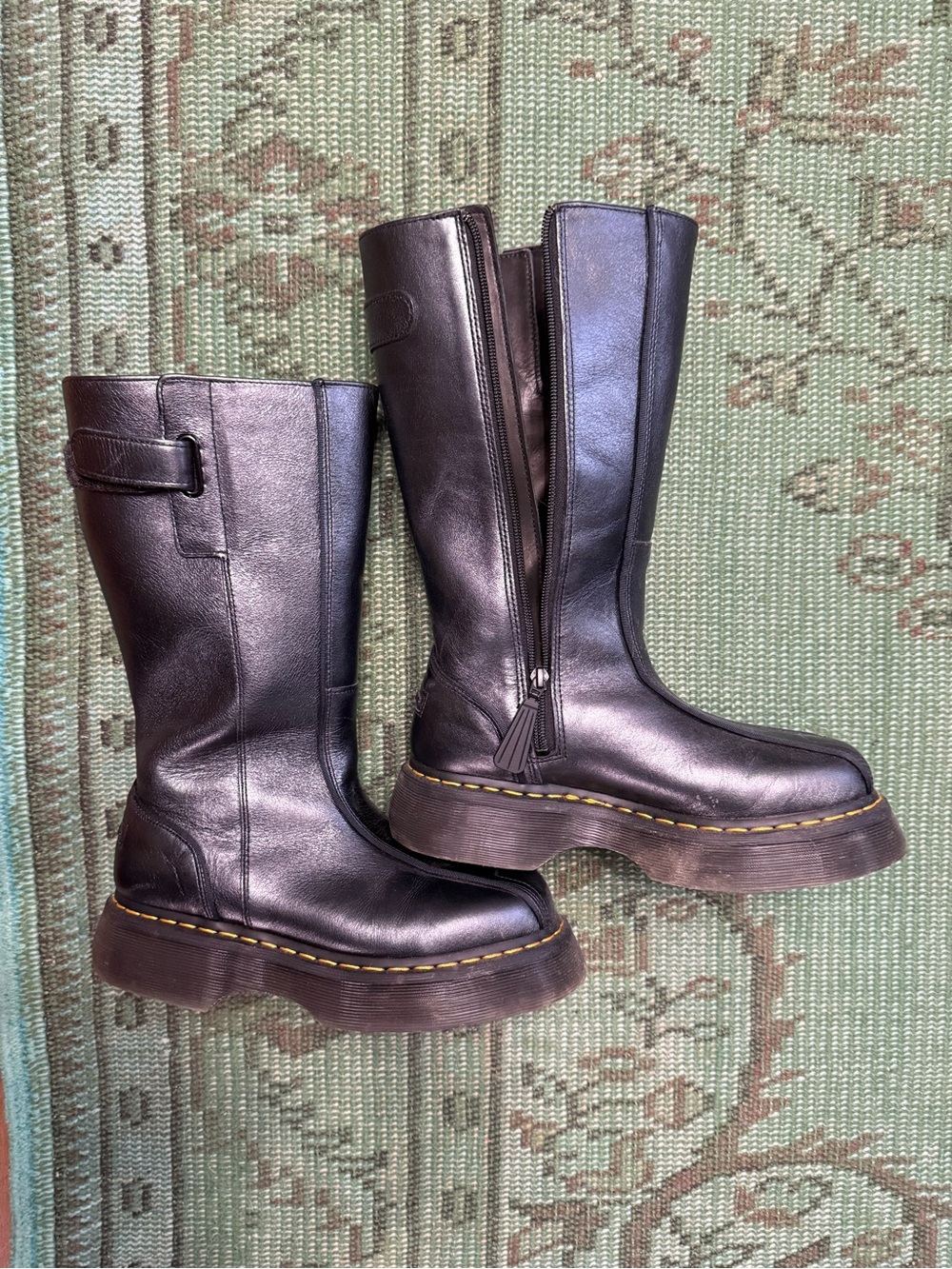 Dr. Martens Buzz Hi Leather Platform Mid-Calf Boots with Yellow Welt Stitching